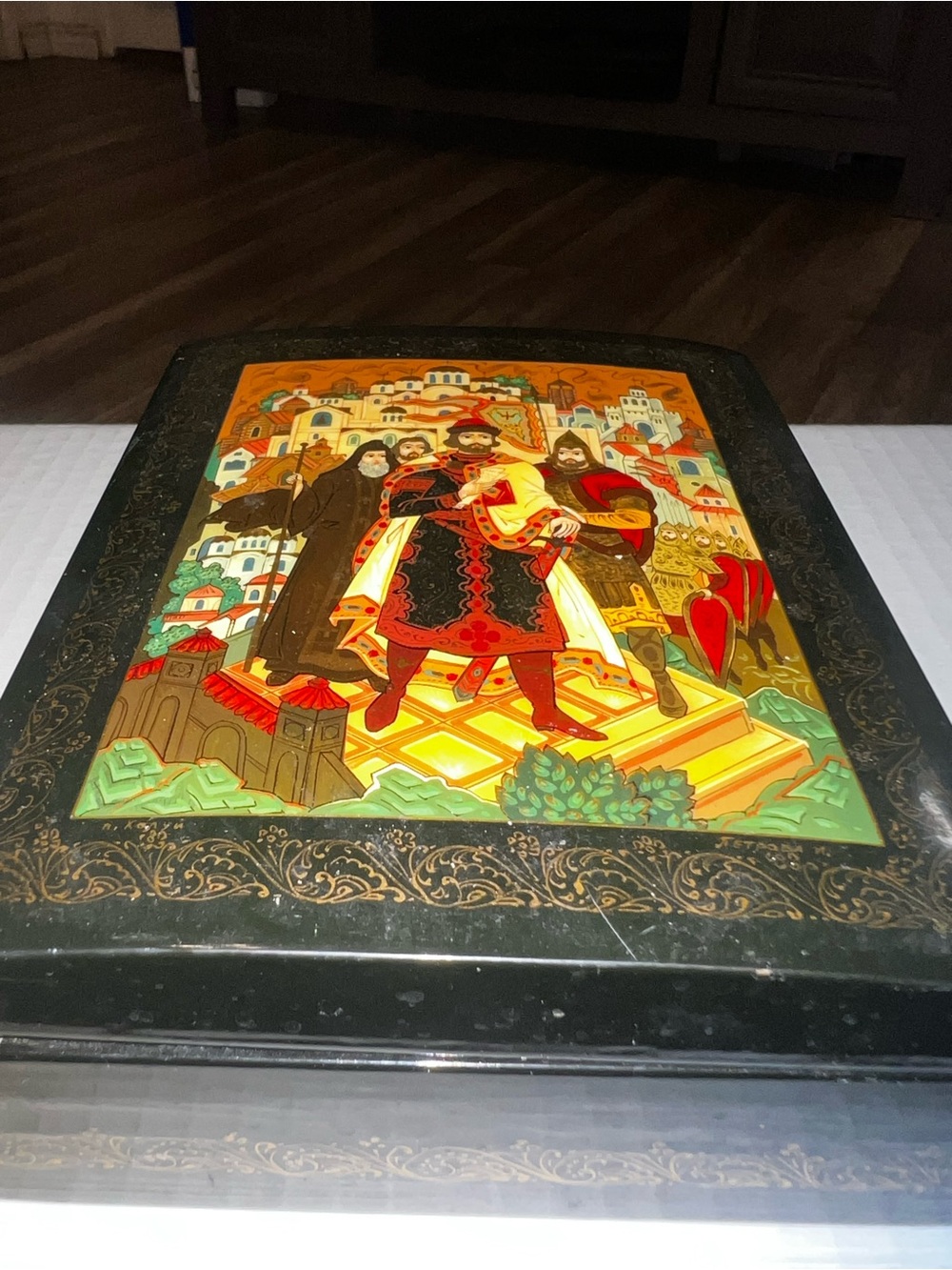 Hand-Painted Russian Lacquer Art Panel in Black and Multicolor